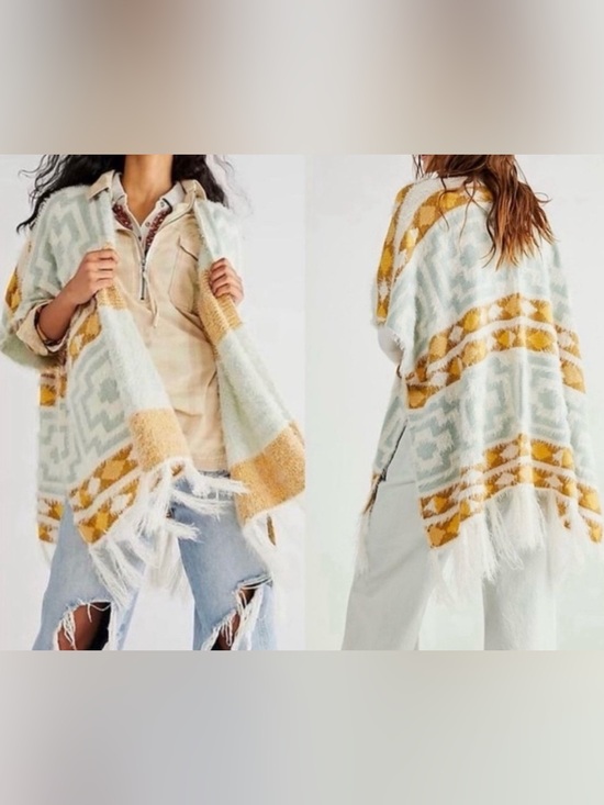 Free People Sweaters - Free People Blue Cream and Tan Fuzzy Poncho with Fringe - Size OS
